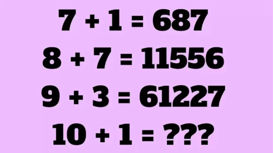 Solve This Brain Teaser Math Puzzle: If 7+1=687, 8+7=11556, 9+3=61227 then 10+1=?